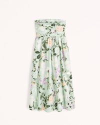 Abercrombie & Fitch Emerson Strapless Poplin Midi Dress in Green Print / women’s floral bandeau dresses / ruched fitted bodice / feminine fashion