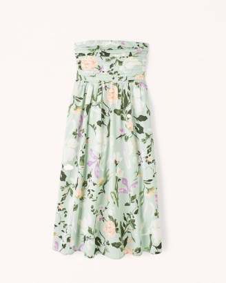 Abercrombie & Fitch Emerson Strapless Poplin Midi Dress in Green Print / women’s floral bandeau dresses / ruched fitted bodice / feminine fashion - flipped
