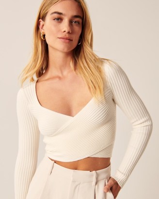 Abercrombie & Fitch LuxeLoft Slim Wrap Sweater in White ~ cropped long sleeve sweaters ~ ribbed crop hem tops ~ women’s clothes ~ womens on-trend fashion - flipped
