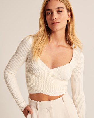 Abercrombie & Fitch LuxeLoft Slim Wrap Sweater in White ~ cropped long sleeve sweaters ~ ribbed crop hem tops ~ women’s clothes ~ womens on-trend fashion