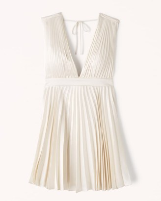 Abercrombie & Fitch Plunge Pleated Mini Dress in White ~ women’s sleeveless plunging neckline party dresses ~ womens satin occasion fashion ~ empire waist ~ going out evening clothes - flipped