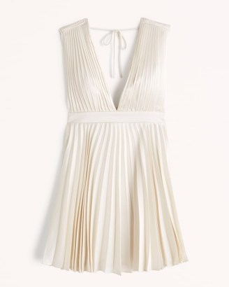 Abercrombie & Fitch Plunge Pleated Mini Dress in White ~ women’s sleeveless plunging neckline party dresses ~ womens satin occasion fashion ~ empire waist ~ going out evening clothes