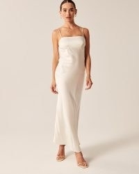 Abercrombie & Fitch Satin Cowl Back Slip Midi Dress in White ~ silky cami strap dresses ~ open cowl back detail ~ strappy evening clothes ~ slinky occasion fashion