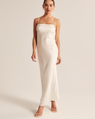 Abercrombie & Fitch Satin Cowl Back Slip Midi Dress in White ~ silky cami strap dresses ~ open cowl back detail ~ strappy evening clothes ~ slinky occasion fashion - flipped