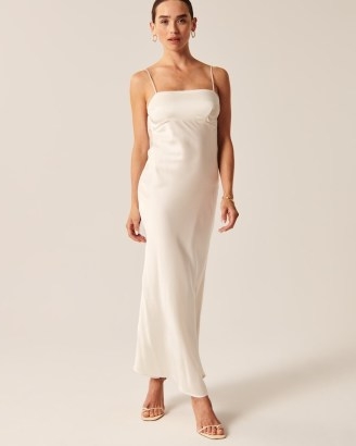 Abercrombie & Fitch Satin Cowl Back Slip Midi Dress in White ~ silky cami strap dresses ~ open cowl back detail ~ strappy evening clothes ~ slinky occasion fashion