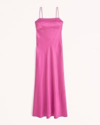 Abercrombie & Fitch Satin Cowl Back Slip Midi Dress in Dark Pink ~ skinny shoulder strap dresses ~ strappy evening fashion
