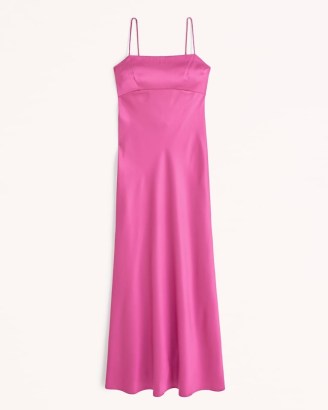 Abercrombie & Fitch Satin Cowl Back Slip Midi Dress in Dark Pink ~ skinny shoulder strap dresses ~ strappy evening fashion