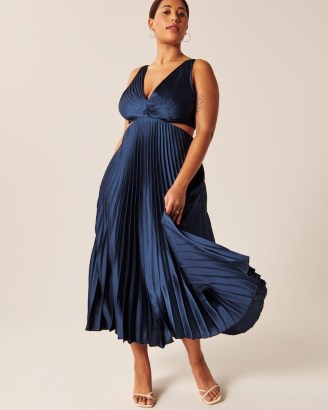 Abercrombie & Fitch Satin Pleated Cutout Maxi Dress in Navy ~ women’s dark blue sleeveless fit and flare dresses ~ womens cut out occasion fashion - flipped