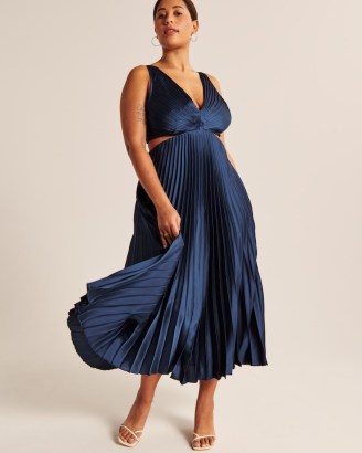 Abercrombie & Fitch Satin Pleated Cutout Maxi Dress in Navy ~ women’s dark blue sleeveless fit and flare dresses ~ womens cut out occasion fashion