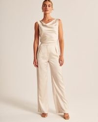 Abercrombie & Fitch Satin Tailored Wide Leg Pant in Cream / women’s silky trousers / womens luxe style fashion / smooth fabric clothes