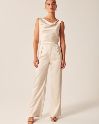Abercrombie & Fitch Satin Tailored Wide Leg Pant in Cream / women’s silky trousers / womens luxe style fashion / smooth fabric clothes - flipped