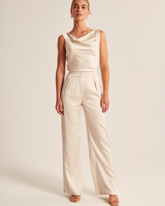 Abercrombie & Fitch Satin Tailored Wide Leg Pant in Cream / women’s silky trousers / womens luxe style fashion / smooth fabric clothes