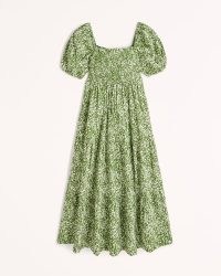Abercrombie & Fitch Smocked Bodice Linen-Blend Midi Dress in Green Pattern ~ puff sleeve tiered hem dresses ~ thigh high splt ~ women’s fashion