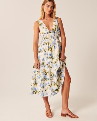Abercrombie & Fitch mocked Waist Tiered Midi Dress in White Floral / sleeveless plunge front dresses / women’s feminine spring and summer fashion / deep V-neckline - flipped