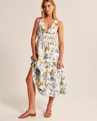 Abercrombie & Fitch mocked Waist Tiered Midi Dress in White Floral / sleeveless plunge front dresses / women’s feminine spring and summer fashion / deep V-neckline