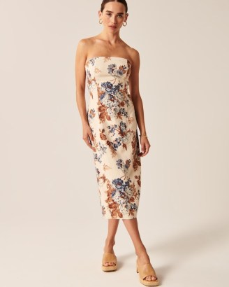 Abercrombie & Fitch Strapless Linen-Blend Midi Dress in Cream Floral / women’s bandeau pencil dresses / removable skinny shoulder straps - flipped