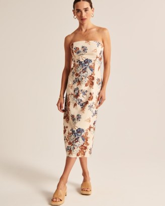 Abercrombie & Fitch Strapless Linen-Blend Midi Dress in Cream Floral / women’s bandeau pencil dresses / removable skinny shoulder straps