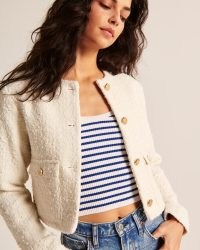 Abercrombie & Fitch Tweed Jacket in Cream ~ chic collarless cropped jackets ~ textured clothes ~ gold button details ~ women’s classic clothes ~ modern classics