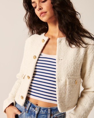 Abercrombie & Fitch Tweed Jacket in Cream ~ chic collarless cropped jackets ~ textured clothes ~ gold button details ~ women’s classic clothes ~ modern classics - flipped