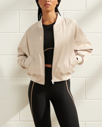 Abercrombie & Fitch YPB Satin Bomber Jacket / women’s neutral zip front jackets / womens casual clothes - flipped