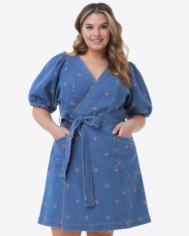 DRAPER JAMES Wrap Dress in Embroidered Posy / blue denim puff sleeve dresses / tie waist / women’s floral fashion - flipped