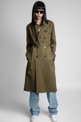 zadig and voltaire La Parisienne Trench Coat in Laurier | women’s khaki green tie waist belted coats - flipped