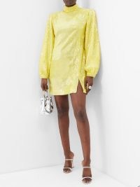 RAQUEL DINIZ Elle sequin high-neck mini dress in yellow / luxe party clothing / women’s luxury occasion fashion / womens sequinned long sleeve high neck evening event dresses / balloon sleeves / slit hem / glamour / clothes / glamorous