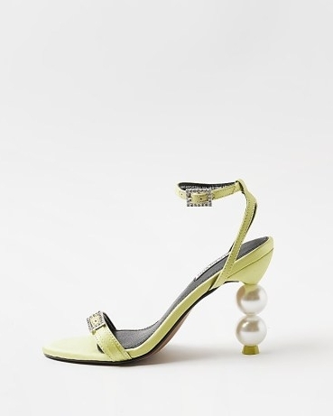 RIVER ISLAND YELLOW PEARL DETAIL HEELED SANDALS ~ sculpted party heels ~ barely there ankle strap shoes - flipped