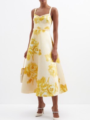 EMILIA WICKSTEAD Elvite rose-print satin midi dress in yellow – sleeveless floral fit and flare – women’s luxury occasion dresses – womens designer spring / summer party clothing – sweatheart neckline - flipped