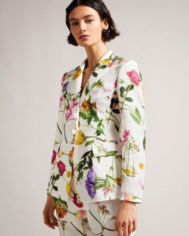 TED BAKER Ziaah Floral Slim Fit Suit Jacket in White / floral single breasted jackets / women’s occasion jackets