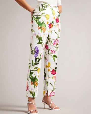TED BAKER Ziaaht Floral Print Tapered Leg Trousers in White / women’s occasion clothes / wedding guest clothing spring summer 2023
