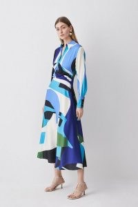 KAREN MILLEN Abstract Colour Block Draped Satin Midi Dress / long sleeve printed dresses / women’s silky smooth fabric clothing