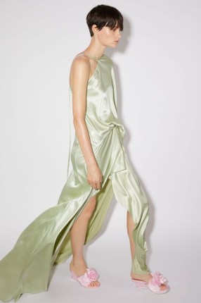 Acne Studios ASYMMETRIC SATIN DRESS Mint green ~ silky asymmetrical occasion dresses ~ women’s luxury fluid fabric event clothing ~ luxe one shoulder fashion
