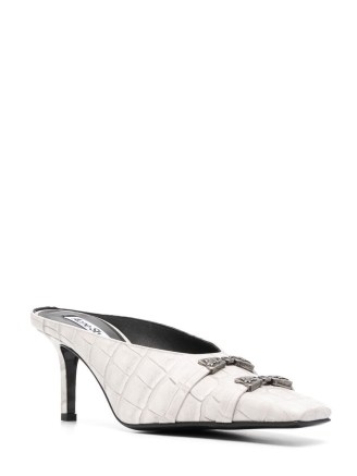 Acne Studios bow-detail heeled mules in off white / women’s croc embossed leather shoes / womens crocodile effect footwear - flipped