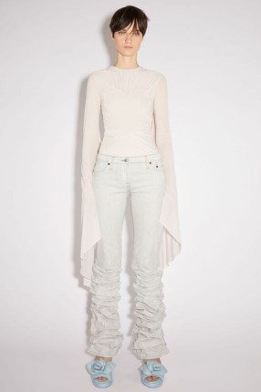 Acne Studios GATHERED DENIM TROUSERS | women’s coated slim fit ruched leg jeans | waxed finished clothes - flipped