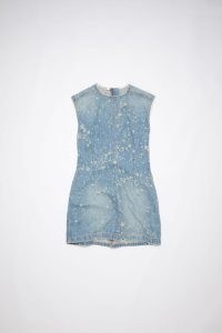 Acne Studios DENIM TUNIC DRESS in Mid blue | women’s sleeveless distressed detail mini dresses