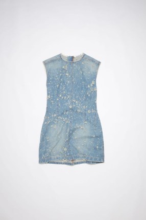 Acne Studios DENIM TUNIC DRESS in Mid blue | women’s sleeveless distressed detail mini dresses - flipped