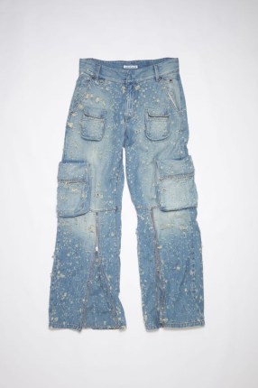 Acne Studios DISTRESSED DENIM CARGO TROUSERS in Mid blue | women’s relaxed fit pocket detail jeans | low rise waist | zipper details | zip hem - flipped