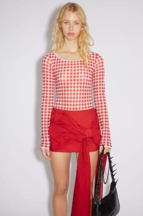 Acne Studios GINGHAM BODY SUIT in Cardinal red / women’s fitted check print bodysuits / womens checked fashion - flipped