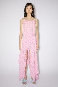 Acne Studios GINGHAM BOW DRESS in Pink / checked asymmetric halterneck dresses / women’s luxury fashion / draped details / open back / women’s designer halter neck clothes / check print clothing