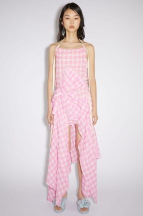 Acne Studios GINGHAM BOW DRESS in Pink / checked asymmetric halterneck dresses / women’s luxury fashion / draped details / open back / women’s designer halter neck clothes / check print clothing - flipped