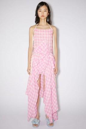 Acne Studios GINGHAM BOW DRESS in Pink / checked asymmetric halterneck dresses / women’s luxury fashion / draped details / open back / women’s designer halter neck clothes / check print clothing