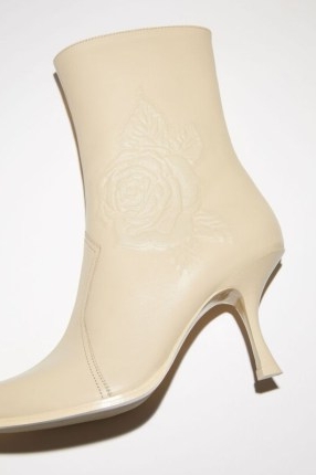 Acne Studios HEEL ANKLE BOOTS in Cream beige ~ womens floral motif leather boot ~ women’s luxury rose embossed booties