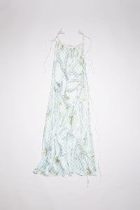 Acne Studios PRINTED SATIN DRESS in Light blue / women’s silky fluid fabric slip dresses / skinny adjustable shoulder straps / slinky cami strap fashion / womens luxury clothes / mixed floral and check print clothing