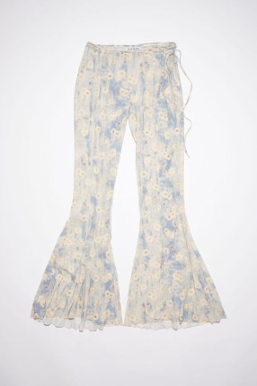 Acne Studios PRINTED TROUSERS in Blue/beige | women’s floral flares | womens luxury fashion | retro style daisy print flared pants | vintage inspired clothes