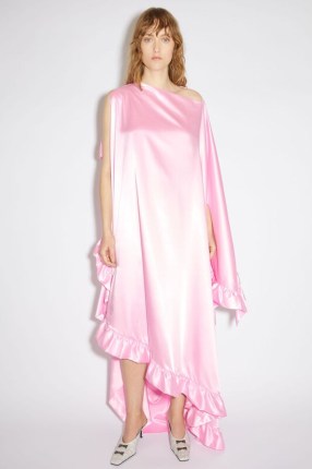 Acne Studios SATIN RUFFLE DRESS in Pink / womne’s silky ruffled occasion dresses / womens luxury evening event clothes / one sleeve fashion / off the shoulder / draped asymmetric design / luxury clothing - flipped