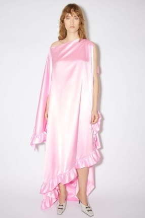 Acne Studios SATIN RUFFLE DRESS in Pink / womne’s silky ruffled occasion dresses / womens luxury evening event clothes / one sleeve fashion / off the shoulder / draped asymmetric design / luxury clothing