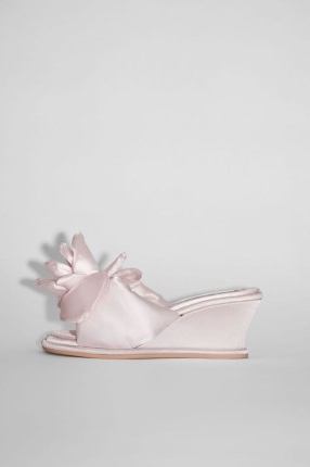 Acne Studios SATIN WEDGE SANDAL PALE PINK – luxe floral wedges – luxury wedged sandals – women’s designer mules – womens feminine shoes