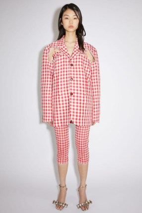 Acne Studios SINGLE-BREASTED BLAZER in Cardinal red ~ women’s oversized check print blazers ~ womens cut out detail jackets ~ gingham clothes ~ checked clothing - flipped