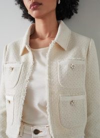 L.K. BENNETT Ada Cream and Silver Recycled Cotton Tweed Jacket ~ women’s cropped frayed edge metallic fibre jackets ~ womens luxury clothing ~ luxe outerwear ~ embellished buttons ~ sustainable clothes